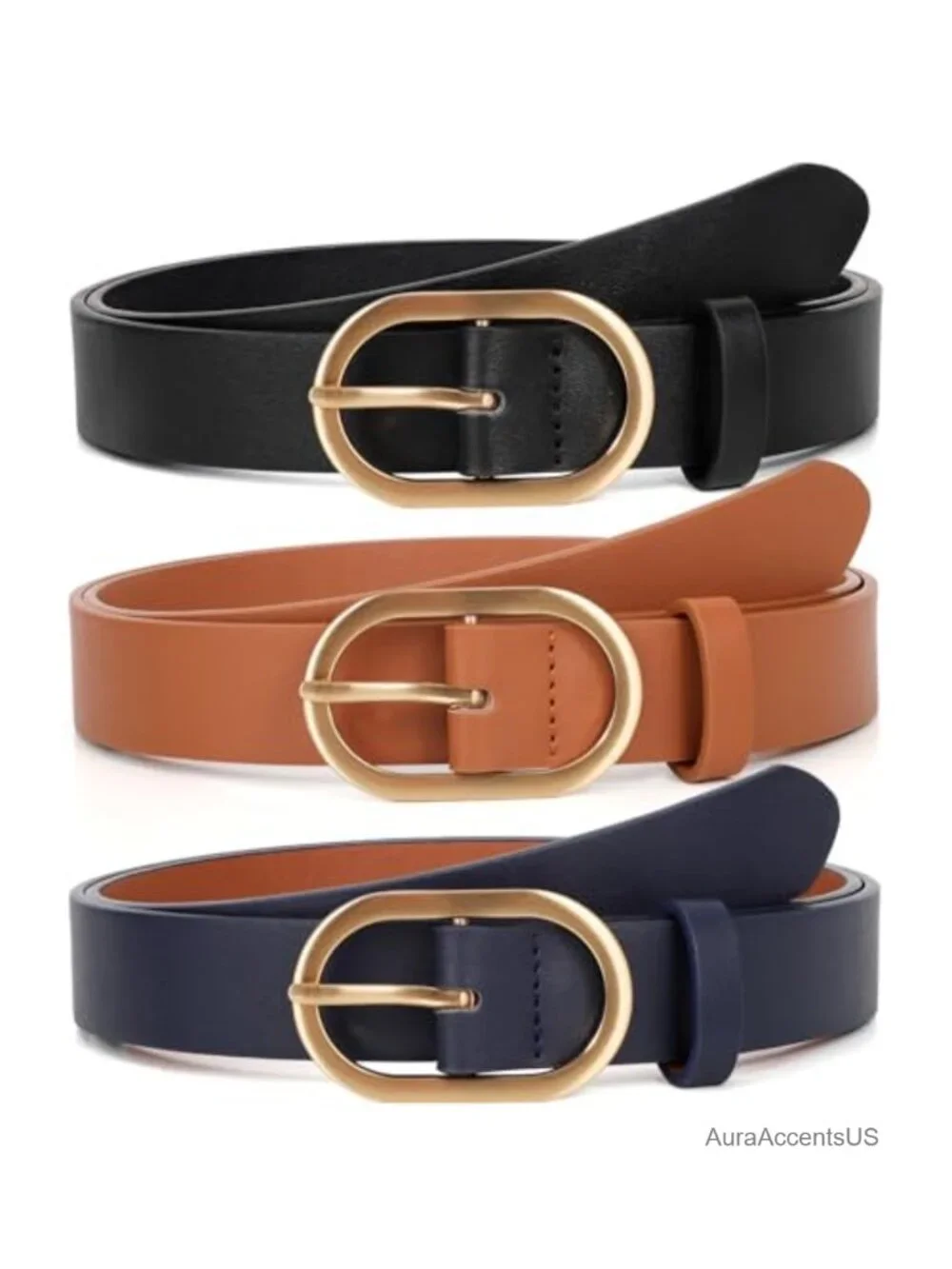Women's 3 Pack Faux Leather Belts with Gold Buckle Plus Size